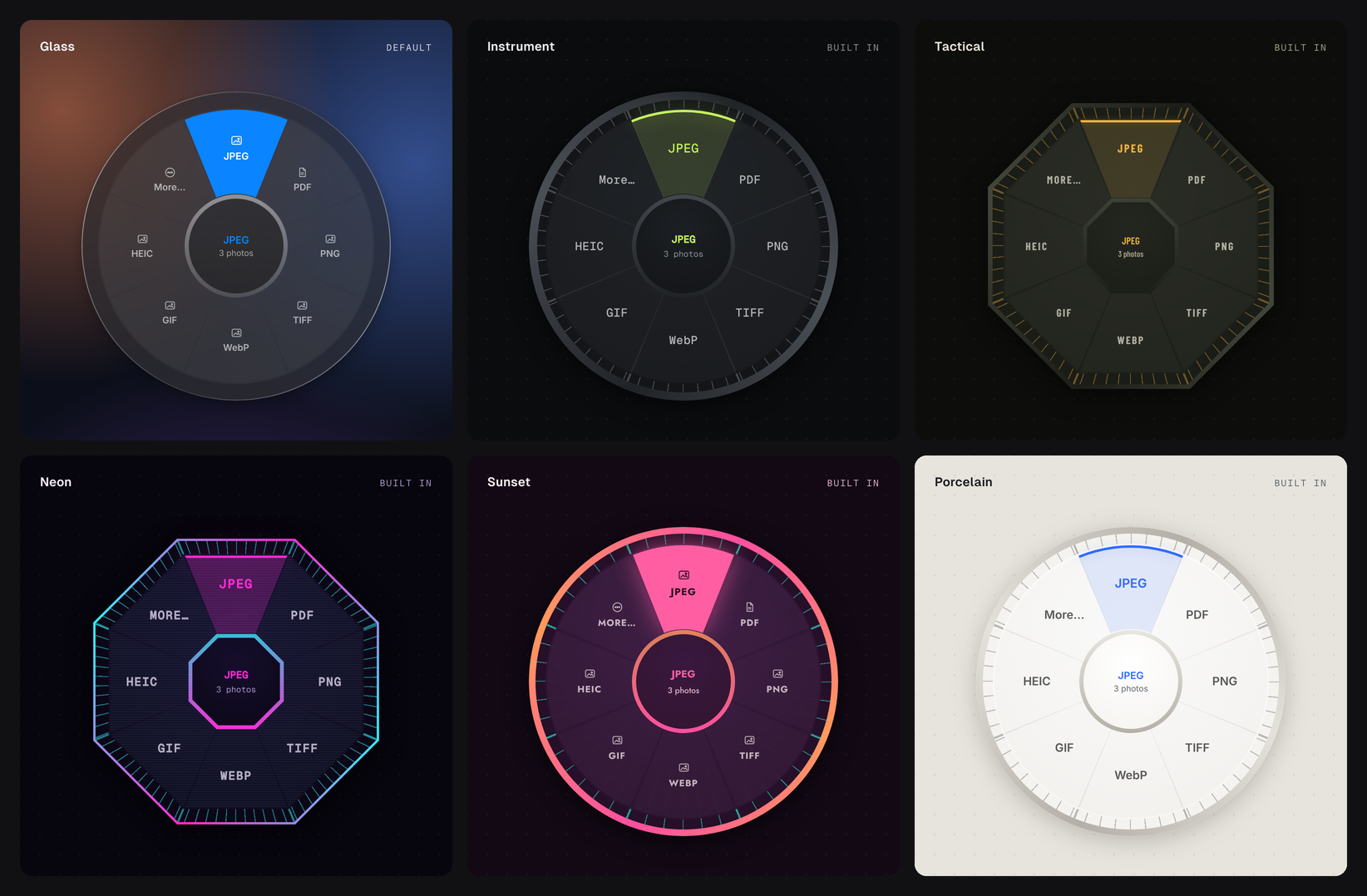 The wheel in six skins: Glass, Instrument, Tactical, Neon, Sunset and Porcelain